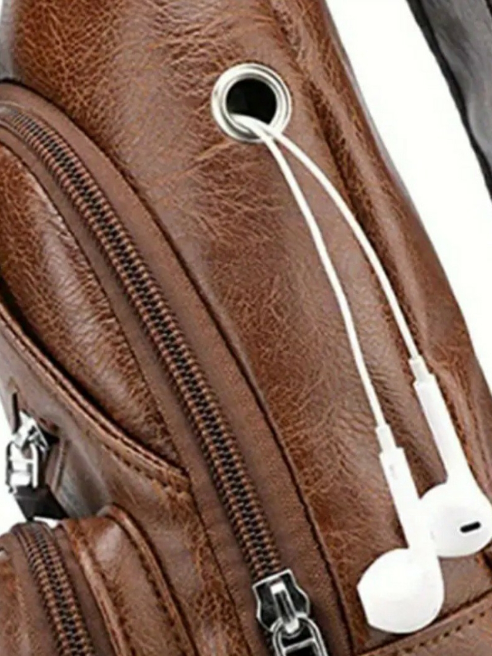 Men's brown pu leather crossbody sling bag with headphone port. New
